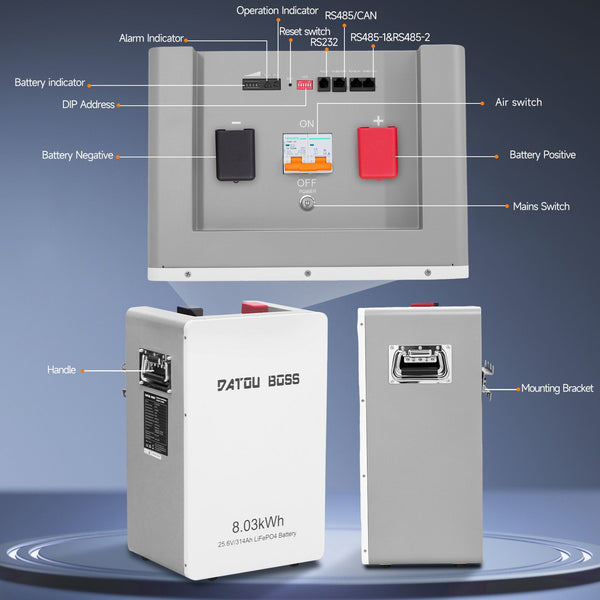 DATOUBOSS 24V 314Ah LiFePO4 Battery, 8kWh Solar Energy Storage System with 150A BMS, Metal Case for Home Energy Storage, Solar, RV & Off-Grid Backup Power - DATOUBOSSSPB12D24314A01