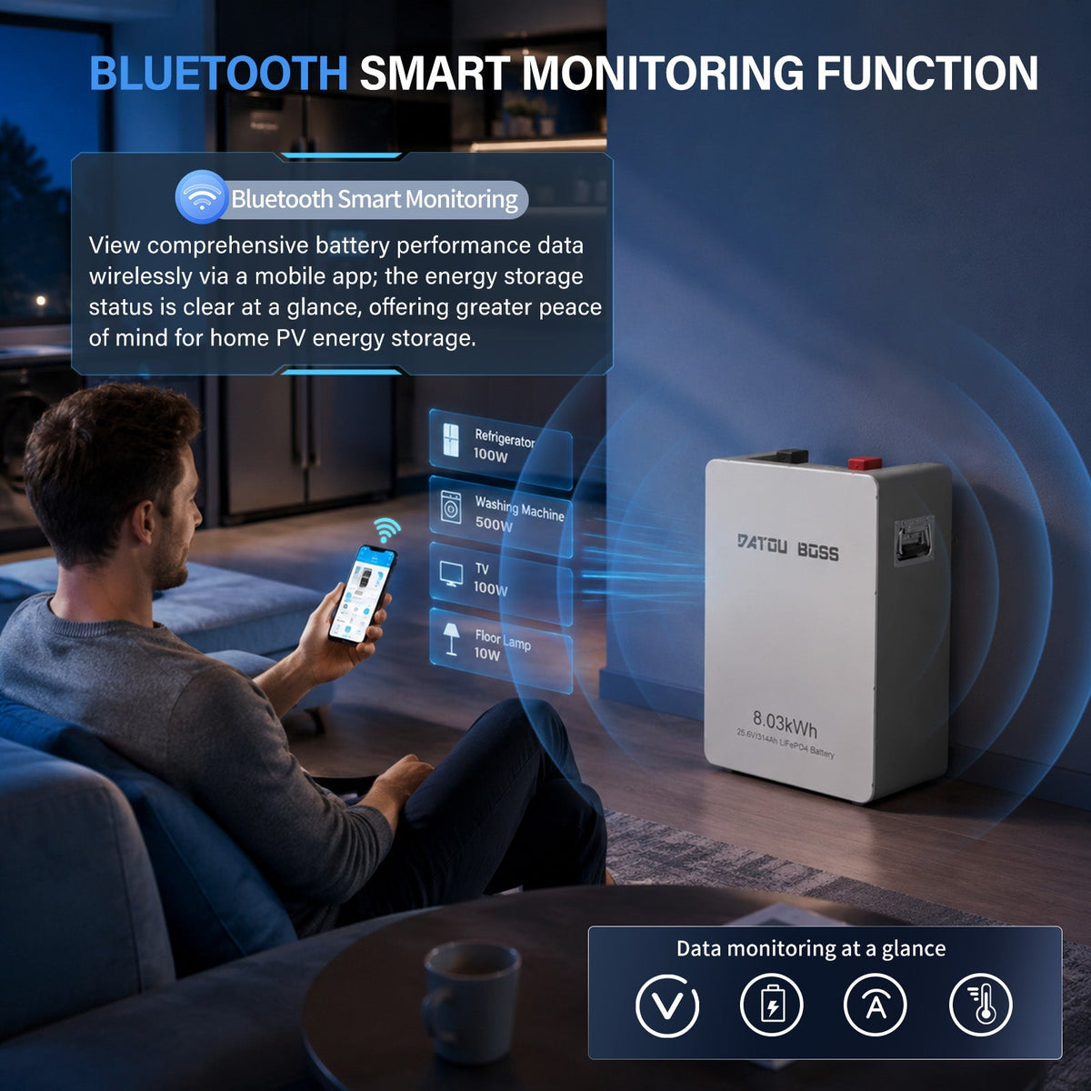 DATOUBOSS 24V 314Ah LiFePO4 Battery with 24V 8A Smart Charger, 8kWh Energy Storage, 150A BMS & Bluetooth App for Home & Off-Grid - DATOUBOSSSP-DT-24314-G21508-EU