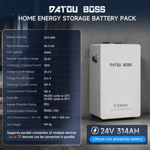 DATOUBOSS 24V 314Ah LiFePO4 Battery with 24V 8A Smart Charger, 8kWh Energy Storage, 150A BMS & Bluetooth App for Home & Off-Grid - DATOUBOSSSP-DT-24314-G21508-EU