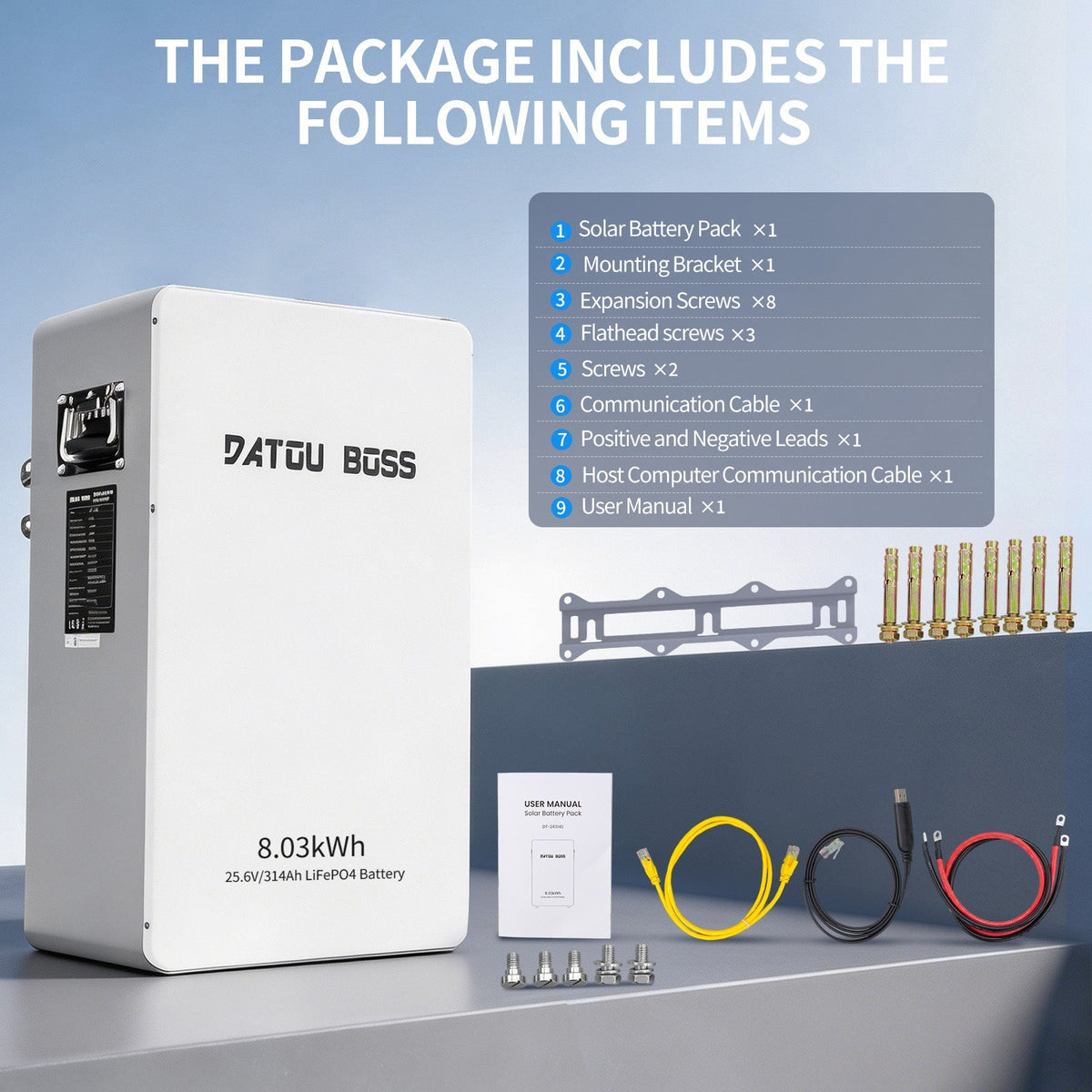 DATOUBOSS 24V 314Ah LiFePO4 Battery with 24V 8A Smart Charger, 8kWh Energy Storage, 150A BMS & Bluetooth App for Home & Off-Grid - DATOUBOSSSP-DT-24314-G21508-EU