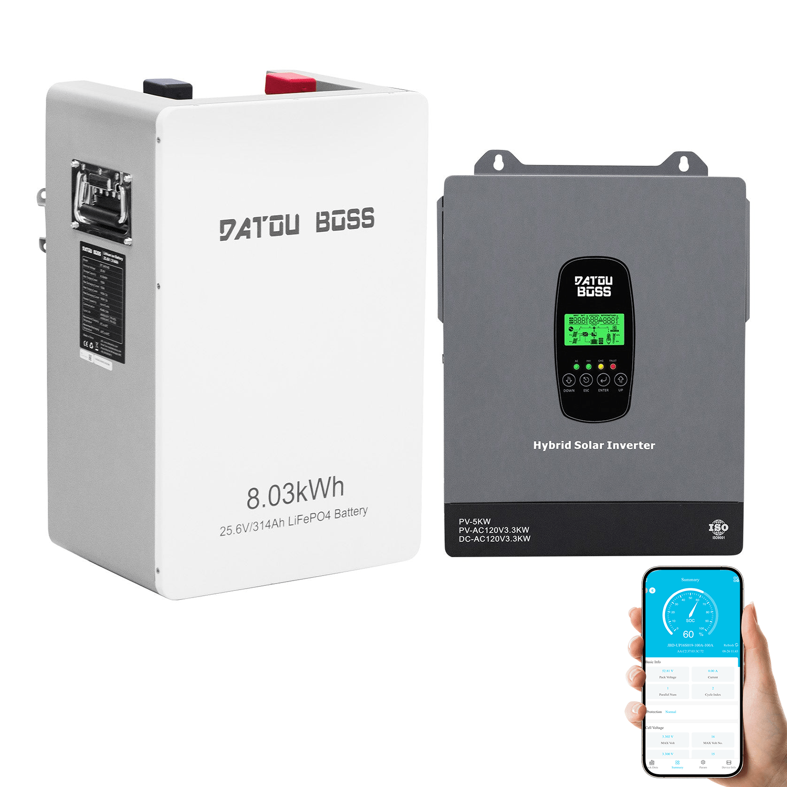 DATOUBOSS 24V 3300W Hybrid Solar Inverter + 8kWh 314Ah LiFePO4 Battery (150A BMS), 150A MPPT, Battery-Free Operation, 24V DC to 120V AC for Home Backup & Off-Grid Systems - DATOUBOSSSP-DT-24314-2433U-US