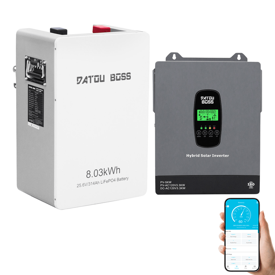 Onduleur solaire hybride DATOUBOSS 24 V 3 300 W + batterie LiFePO4 8 kWh 314 Ah (BMS 150 A), MPPT 150 A, contrôle via application mobile Bluetooth, compatible avec le réseau pour l'alimentation de secours domestique &  Systèmes hors réseau
