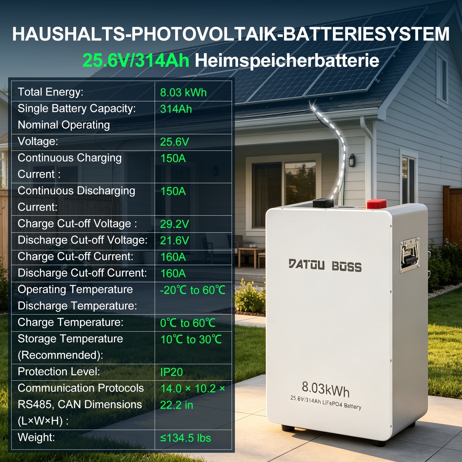 DATOUBOSS 24V 3300W Hybrid Solar Inverter + 8kWh 314Ah LiFePO4 Battery (150A BMS), 150A MPPT, Bluetooth Mobile App Control, On-Grid Compatible for Home Backup & Off-Grid Systems - DATOUBOSSSP-DT-24314-2433M-EU