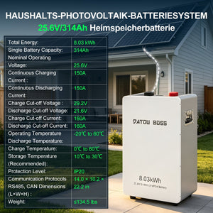 DATOUBOSS 24V 3300W Hybrid Solar Inverter + 8kWh 314Ah LiFePO4 Battery (150A BMS), 150A MPPT, Bluetooth Mobile App Control, On-Grid Compatible for Home Backup & Off-Grid Systems - DATOUBOSSSP-DT-24314-2433M-EU