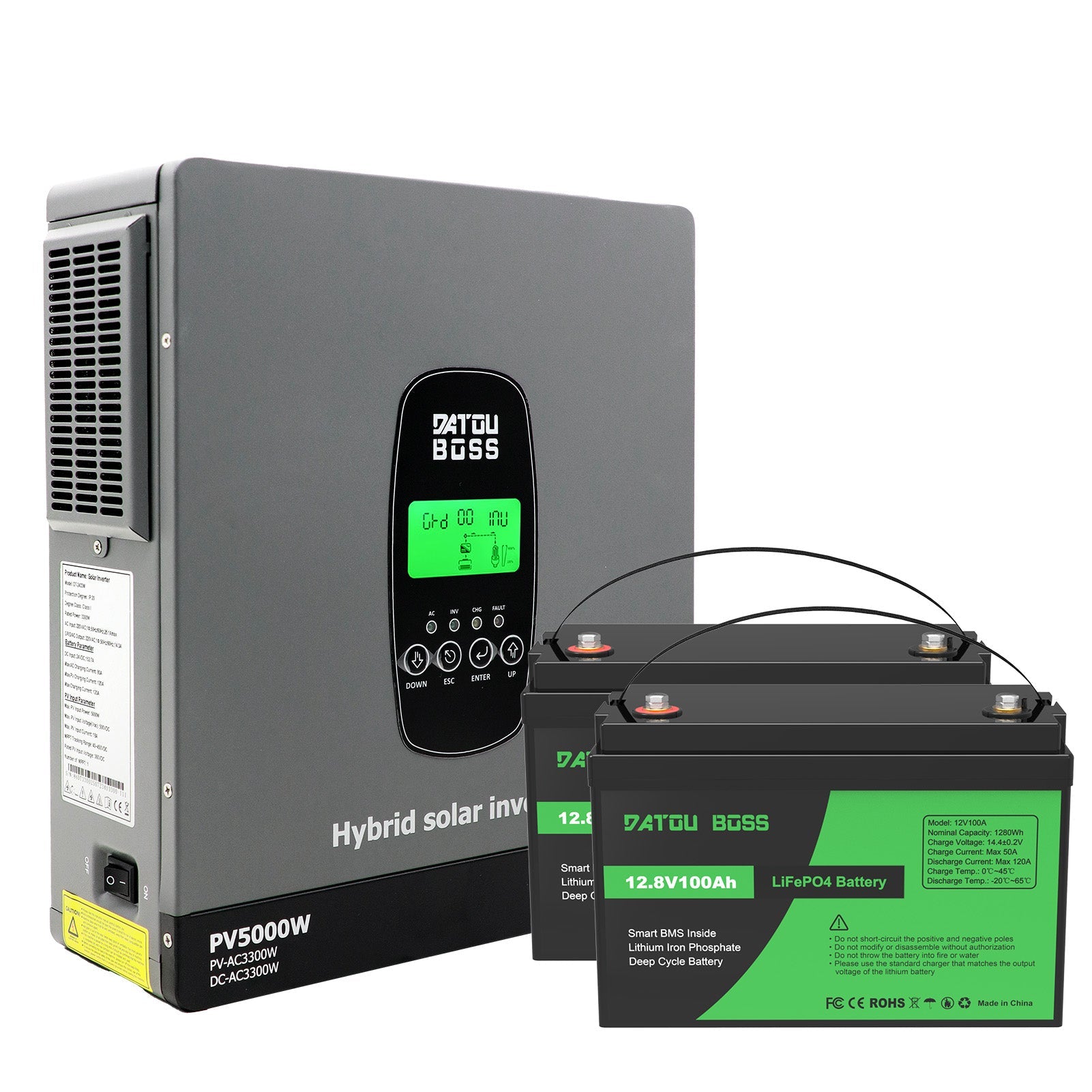 DATOUBOSS 24V 3.3kW 2.56kWh Solar Home Storage Backup Off Grid Kit 100Ah LiFePO4 (2x12V100Ah) + 3300W Hybrid Inverter 150A MPPT Pure Sine Wave, On Grid, 24V DC to 220/230V AC, BMS Protection System, for RV Solar Home System - DATOUBOSS Rechargeable Lifepo4 Batteries Voltage Converters InverterSP-DT-2433M-12V100A-A-EU