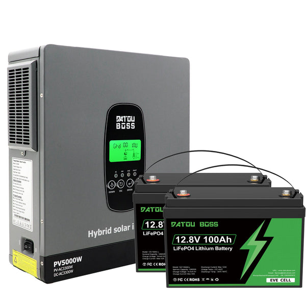 DATOUBOSS 24V 3.3kW 2.56kWh Solar Home Storage Backup Off Grid Kit 100Ah LiFePO4 (2x12V100Ah, EVE cells) + 3300W Hybrid Inverter, 150A MPPT, Pure Sine Wave, On Grid，24V DC to 220/230V AC, BMS Protection, for RV & Home Solar Systems. - DATOUBOSS Rechargeable Lifepo4 Batteries Voltage Converters InverterSP-DT-2433M-12V100A-L-EU