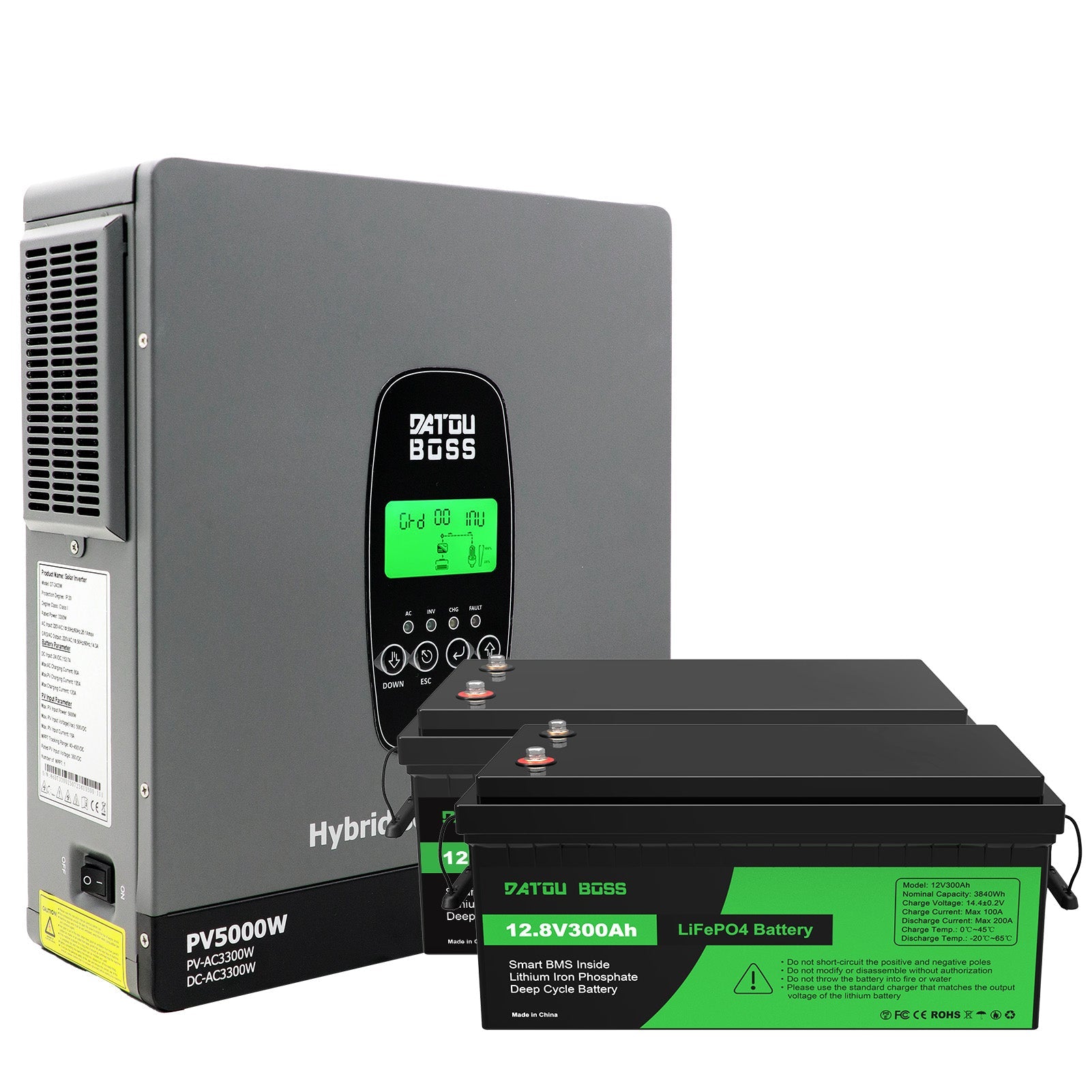 DATOUBOSS 24V 3.3kW 7.68kWh Solar Home Storage Backup Off Grid Kit 300Ah LiFePO4 (2x12V300Ah) + 3300W Hybrid Inverter 150A MPPT Pure Sine Wave, 24V DC to 220/230V AC, BMS Protection System, for RV Solar Home System - DATOUBOSS Rechargeable Lifepo4 Batteries Voltage Converters InverterSP-DT-2433M-12V300A-A-EU