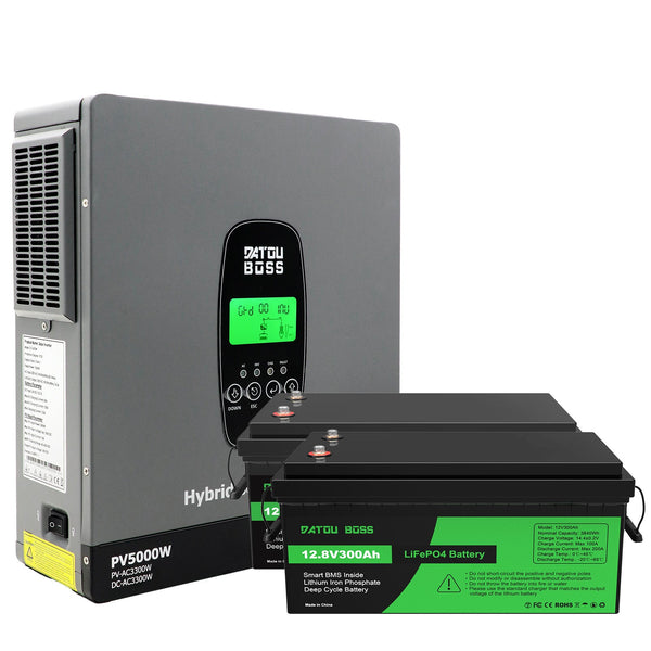 DATOUBOSS 24V 3.3kW 7.68kWh Solar Home Storage Backup Off Grid Kit 300Ah LiFePO4 (2x12V300Ah) + 3300W Hybrid Inverter 150A MPPT Pure Sine Wave, 24V DC to 220/230V AC, BMS Protection System, for RV Solar Home System - DATOUBOSS Rechargeable Lifepo4 Batteries Voltage Converters InverterSP-DT-2433M-12V300A-A-EU