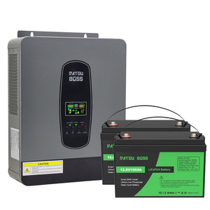 DATOUBOSS 24V 3kW 2.56kWh Solar Home Storage Backup Off Grid Kit 300Ah LiFePO4 (2x12V100Ah) + 3000W Hybrid Inverter 100A MPPT Pure Sine Wave, 200A BMS, for RV Solar Home System - DATOUBOSS Rechargeable Lifepo4 Batteries Voltage Converters InverterSP-DT2430-12V100A-A-EU