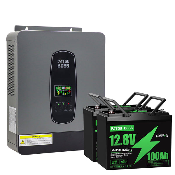 DATOUBOSS 24V 3kW 2.56kWh Solar Home Storage Backup Off Grid Kit 300Ah LiFePO4 (2x12V100Ah) + 3000W Hybrid Inverter 100A MPPT Pure Sine Wave, 200A BMS, for RV Solar Home System - DATOUBOSS Rechargeable Lifepo4 Batteries Voltage Converters InverterSP-DT2430-12V100A-B-EU