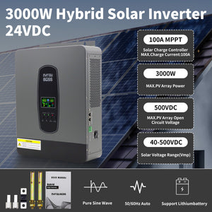 DATOUBOSS 24V 3kW 2.56kWh Solar Home Storage Backup Off Grid Kit 300Ah LiFePO4 (2x12V100Ah) + 3000W Hybrid Inverter 100A MPPT Pure Sine Wave, 200A BMS, for RV Solar Home System - DATOUBOSS Rechargeable Lifepo4 Batteries Voltage Converters InverterSP-DT2430-12V100A-B-EU