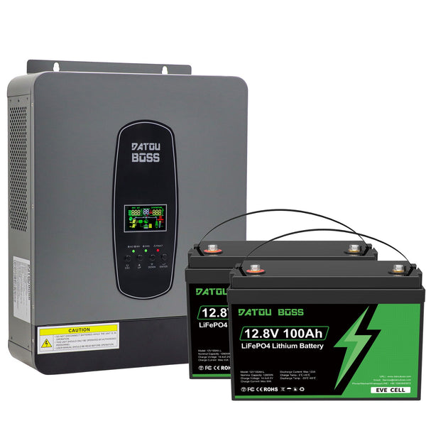 DATOUBOSS 24V 3kW 2.56kWh Solar Home Storage Backup Off Grid Kit 300Ah LiFePO4 (2x12V100Ah，EVE battery cells) + 3000W Hybrid Inverter 100A MPPT Pure Sine Wave, 200A BMS, for RV Solar Home System - DATOUBOSS Rechargeable Lifepo4 Batteries Voltage Converters InverterSP-DT2430-12V100A-L-EU