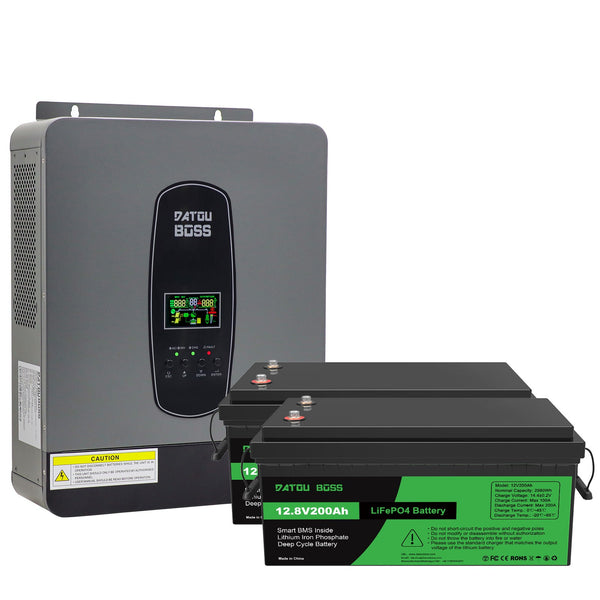 DATOUBOSS 24V 3kW 5.12kWh Solar Home Storage Backup Off Grid Kit 300Ah LiFePO4 (2x12V200Ah) + 3000W Hybrid Inverter 100A MPPT Pure Sine Wave, 200A BMS, for RV Solar Home System - DATOUBOSS Rechargeable Lifepo4 Batteries Voltage Converters InverterSP-DT2430-12V200A-A-EU