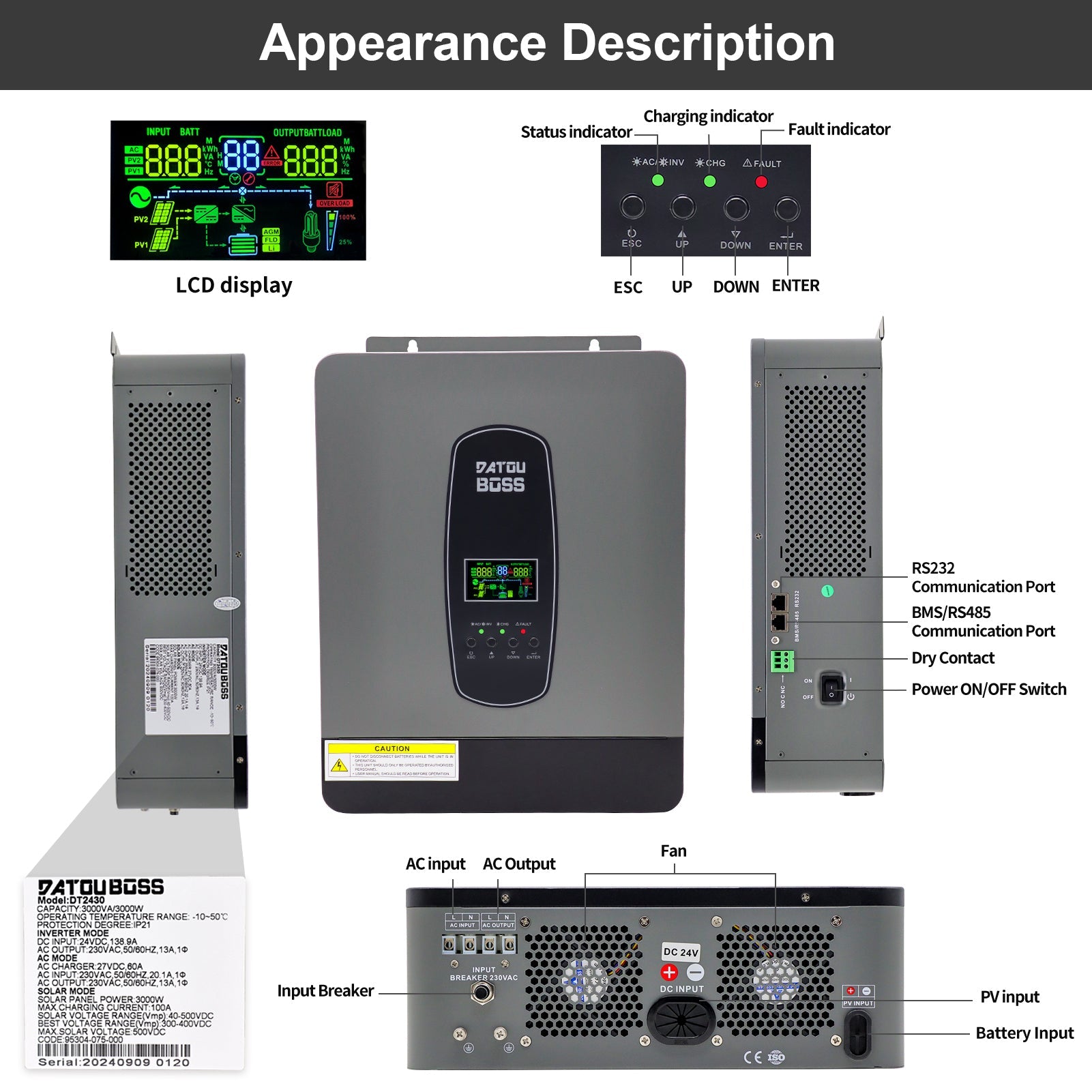 DATOUBOSS 24V 3kW 7.68kWh Solar Home Storage Backup Off Grid Kit 300Ah LiFePO4 (2x12V300Ah) + 3000W Hybrid Inverter 100A MPPT Pure Sine Wave, 200A BMS, for RV Solar Home System - DATOUBOSS Rechargeable Lifepo4 Batteries Voltage Converters InverterSP-DT2430-12V300A-A-EU