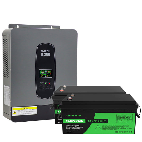 DATOUBOSS 24V 3kW 7.68kWh Solar Home Storage Backup Off Grid Kit 300Ah LiFePO4 (2x12V300Ah) + 3000W Hybrid Inverter 100A MPPT Pure Sine Wave, 200A BMS, for RV Solar Home System - DATOUBOSS Rechargeable Lifepo4 Batteries Voltage Converters InverterSP-DT2430-12V300A-A-EU