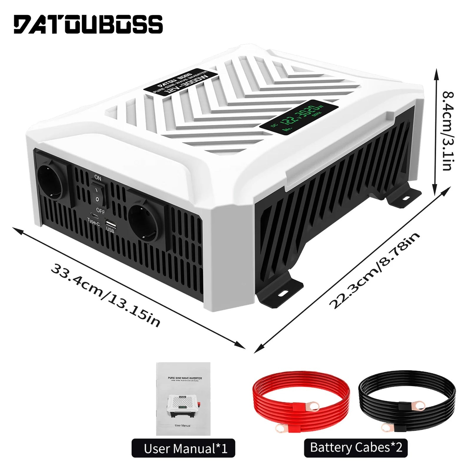 DATOUBOSS 3000W Pure Sine Wave Inverter, 12V to 230V AC Voltage Converter, Peak Power 6000W Peak Power, with Intelligent Detection System & LCD Display & 2 EU Socket - DATOUBOSS Rechargeable Lifepo4 Batteries Voltage Converters InverterSP-DT-PSWE3000W-12V-A-UA