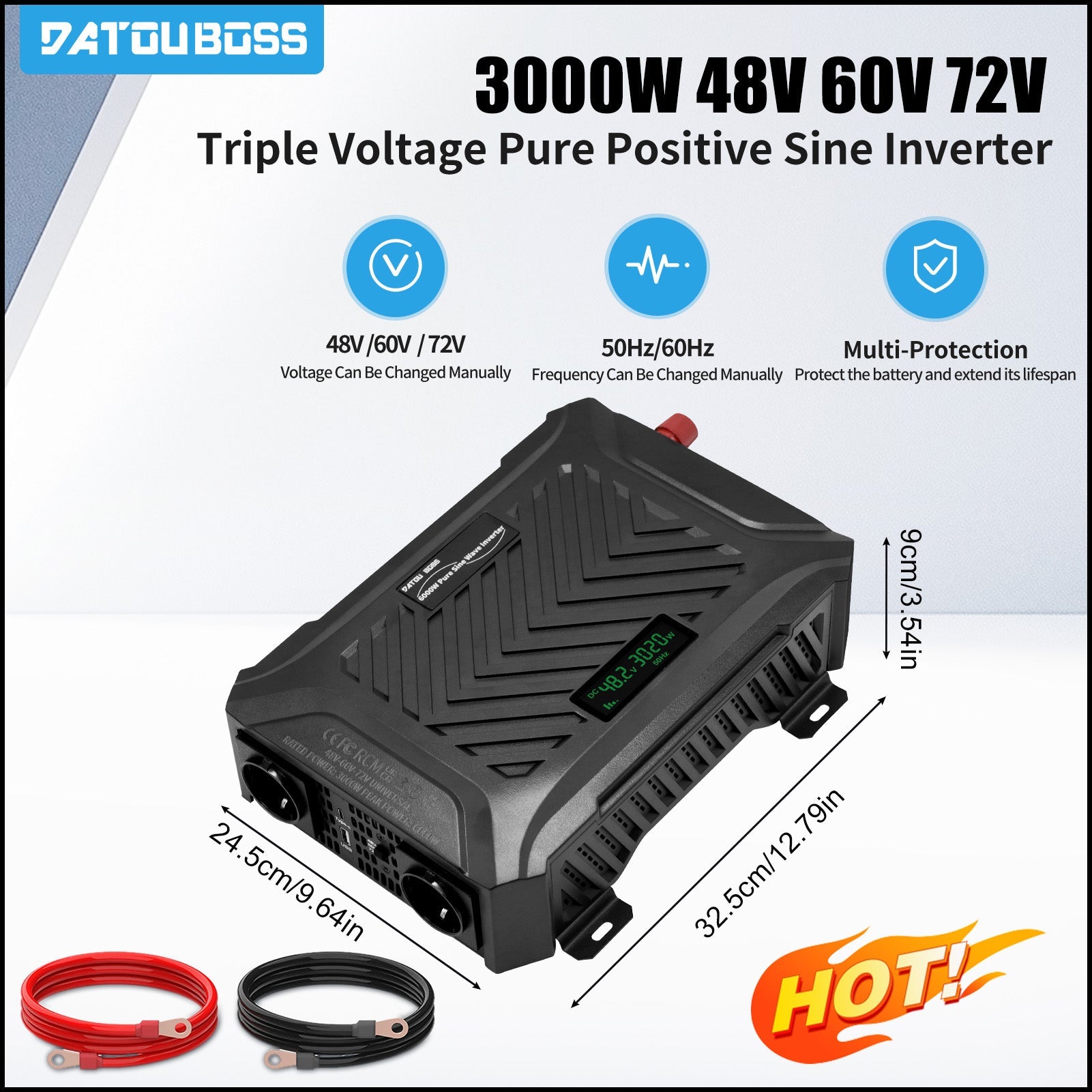 DATOUBOSS 3000W Pure Sine Wave Universal Voltage Inverter 48V/60V/72V to 230V AC, 6000W Peak, Intelligent Detection System, LCD Display, Dual EU Sockets for Home, RV & Off-Grid Power Systems - DATOUBOSS Rechargeable Lifepo4 Batteries Voltage Converters InverterSP-DT-TY-SL-6000-A-EU
