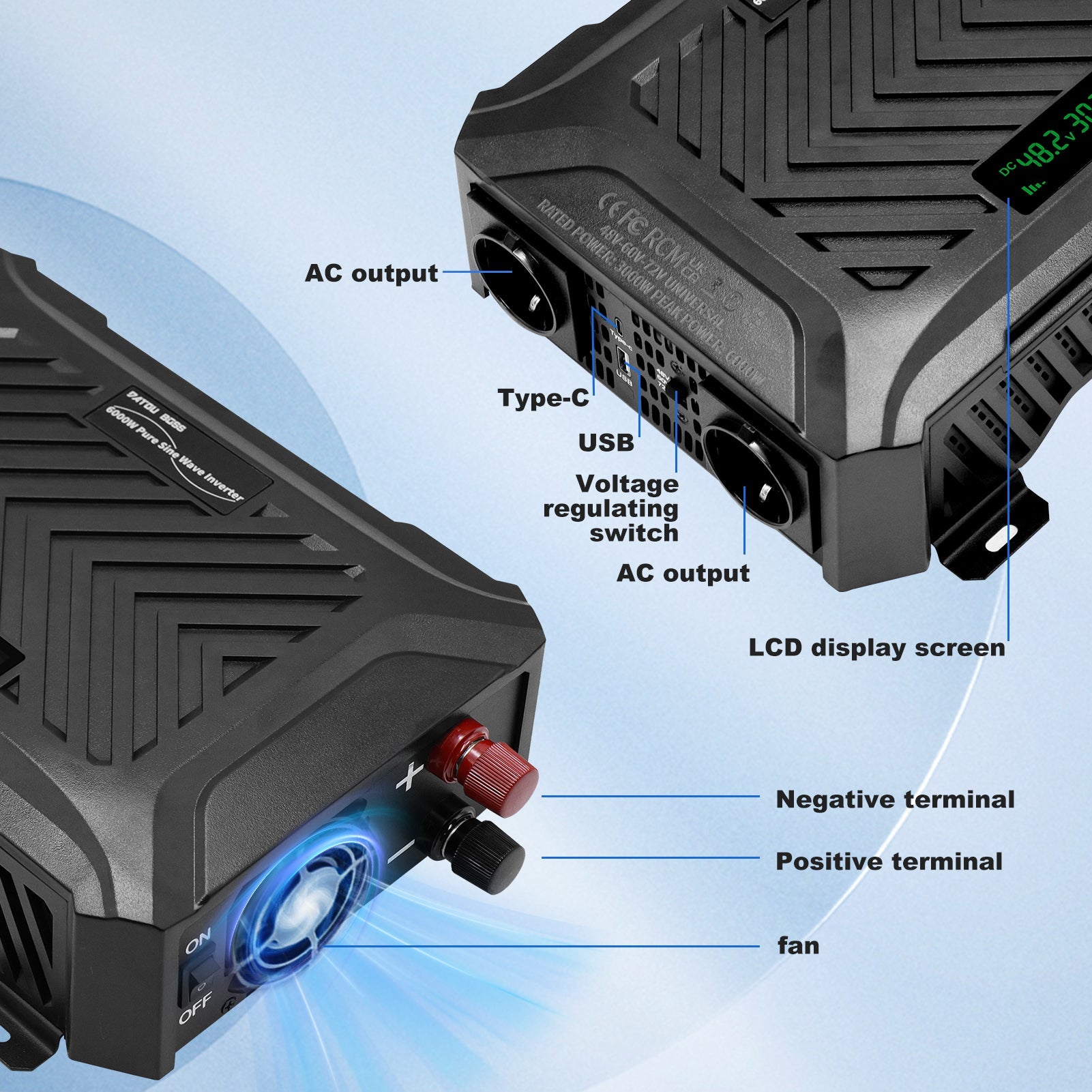 DATOUBOSS 3000W Pure Sine Wave Universal Voltage Inverter 48V/60V/72V to 230V AC, 6000W Peak, Intelligent Detection System, LCD Display, Dual EU Sockets for Home, RV & Off-Grid Power Systems - DATOUBOSS Rechargeable Lifepo4 Batteries Voltage Converters InverterSP-DT-TY-SL-6000-A-EU