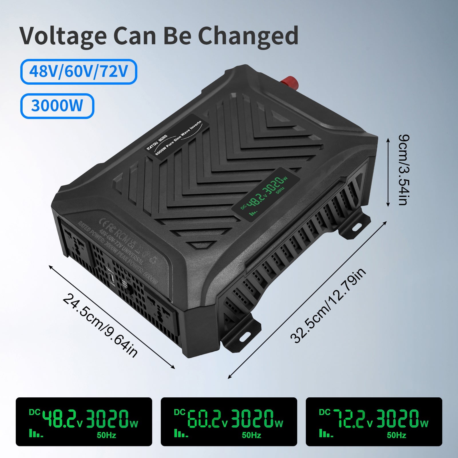 DATOUBOSS 3000W Pure Sine Wave Universal Voltage Inverter 48V/60V/72V to 230V AC, 6000W Peak, Intelligent Detection System, LCD Display, Dual EU Sockets for Home, RV & Off-Grid Power Systems - DATOUBOSS Rechargeable Lifepo4 Batteries Voltage Converters InverterSP-DT-TY-SL-6000-A-EU