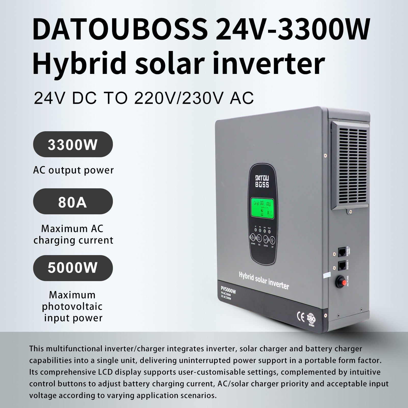DATOUBOSS 3300W Hybrid Inverter 24V, Hybrid Solar Inverter On Grid, Supports Battery - Free Operation, 24V DC to 220/230V AC, BMS Protection System, with 150A MPPT for 24V Batteries - DATOUBOSS Rechargeable Lifepo4 Batteries Voltage Converters InverterSP-DT-2433M-A-UA