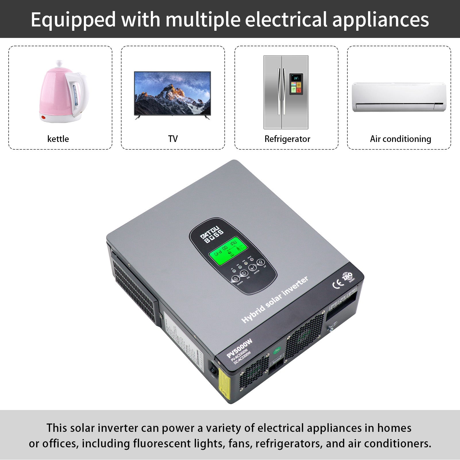 DATOUBOSS 3300W Hybrid Inverter 24V, Hybrid Solar Inverter On Grid, Supports Battery - Free Operation, 24V DC to 220/230V AC, BMS Protection System, with 150A MPPT for 24V Batteries - DATOUBOSS Rechargeable Lifepo4 Batteries Voltage Converters InverterSP-DT-2433M-A-UA