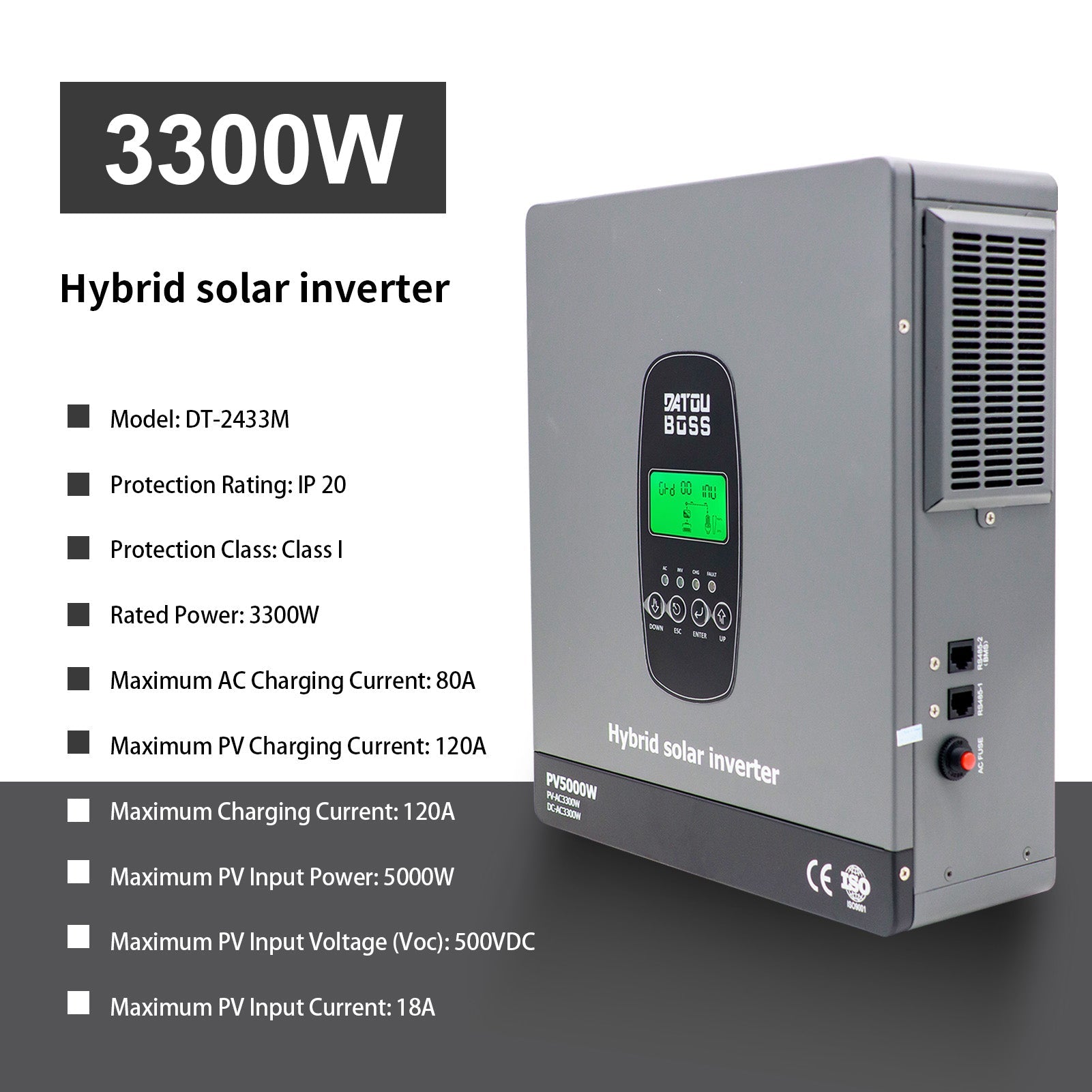 DATOUBOSS 3300W Hybrid Inverter 24V, Hybrid Solar Inverter On Grid, Supports Battery - Free Operation, 24V DC to 220/230V AC, BMS Protection System, with 150A MPPT for 24V Batteries - DATOUBOSS Rechargeable Lifepo4 Batteries Voltage Converters InverterSP-DT-2433M-A-UA
