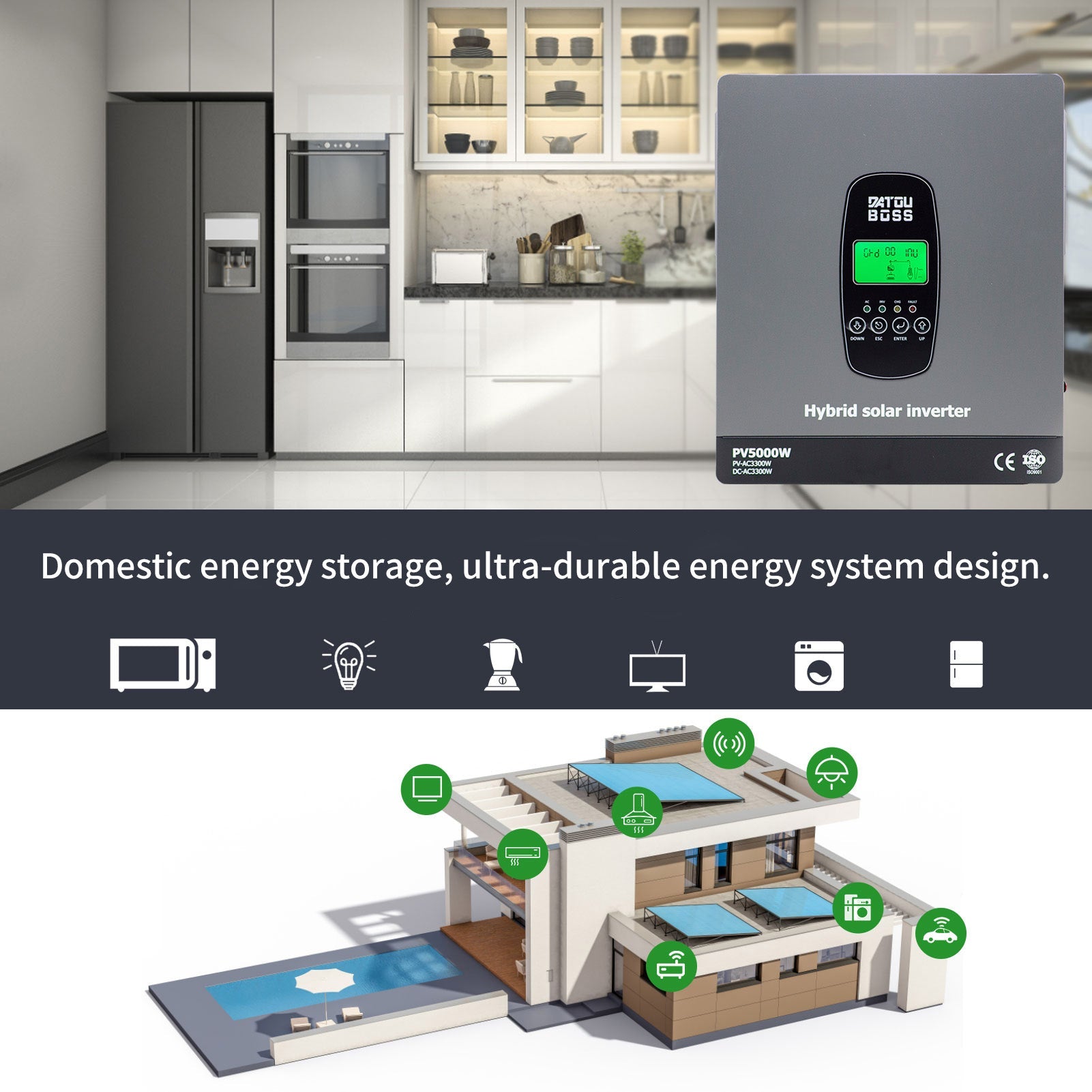 DATOUBOSS 3300W Hybrid Inverter 24V, Hybrid Solar Inverter On Grid, Supports Battery - Free Operation, 24V DC to 220/230V AC, BMS Protection System, with 150A MPPT for 24V Batteries - DATOUBOSS Rechargeable Lifepo4 Batteries Voltage Converters InverterSP-DT-2433M-A-UA