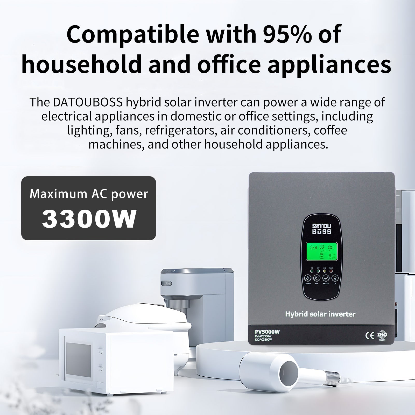 DATOUBOSS 3300W Hybrid Inverter 24V, Hybrid Solar Inverter On Grid, Supports Battery - Free Operation, 24V DC to 220/230V AC, BMS Protection System, with 150A MPPT for 24V Batteries - DATOUBOSS Rechargeable Lifepo4 Batteries Voltage Converters InverterSP-DT-2433M-A-UA