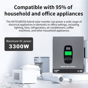 DATOUBOSS 3300W Hybrid Inverter 24V, Hybrid Solar Inverter On Grid, Supports Battery - Free Operation, 24V DC to 220/230V AC, BMS Protection System, with 150A MPPT for 24V Batteries - DATOUBOSS Rechargeable Lifepo4 Batteries Voltage Converters InverterSP-DT-2433M-A-UA