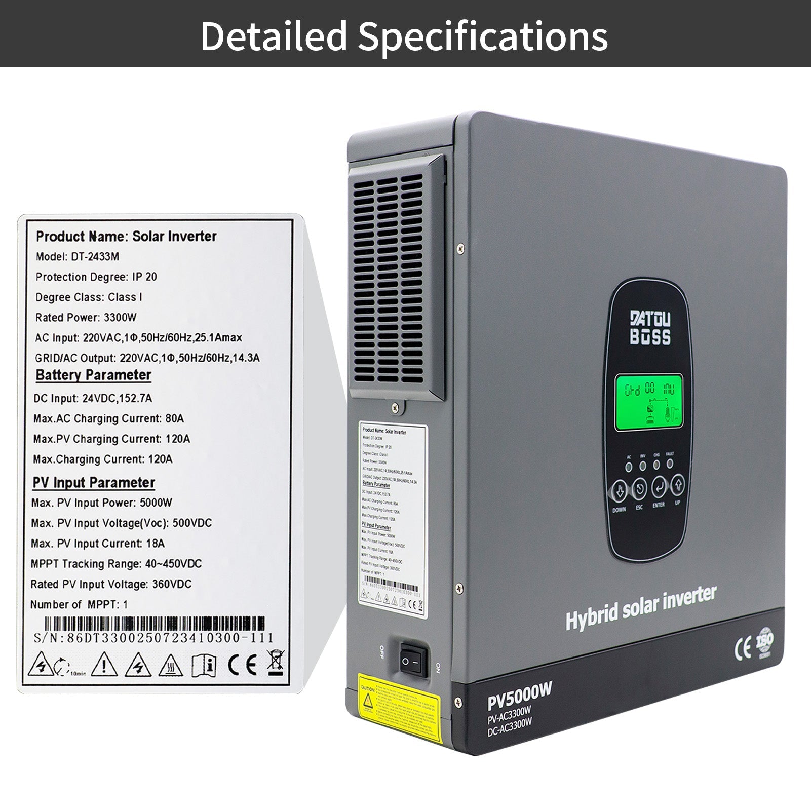 DATOUBOSS 3300W Hybrid Inverter 24V, Hybrid Solar Inverter On Grid, Supports Battery - Free Operation, 24V DC to 220/230V AC, BMS Protection System, with 150A MPPT for 24V Batteries - DATOUBOSS Rechargeable Lifepo4 Batteries Voltage Converters InverterSP-DT-2433M-A-UA