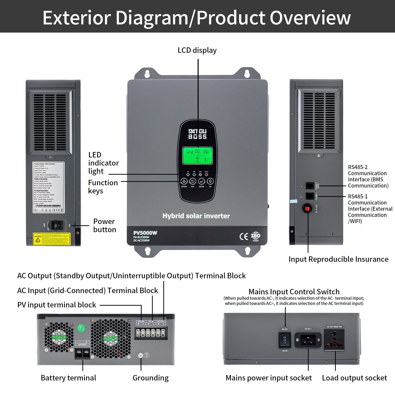DATOUBOSS 3300W Hybrid Inverter 24V, Hybrid Solar Inverter On Grid, Supports Battery - Free Operation, 24V DC to 220/230V AC, BMS Protection System, with 150A MPPT for 24V Batteries - DATOUBOSS Rechargeable Lifepo4 Batteries Voltage Converters InverterSP-DT-2433M-A-UA