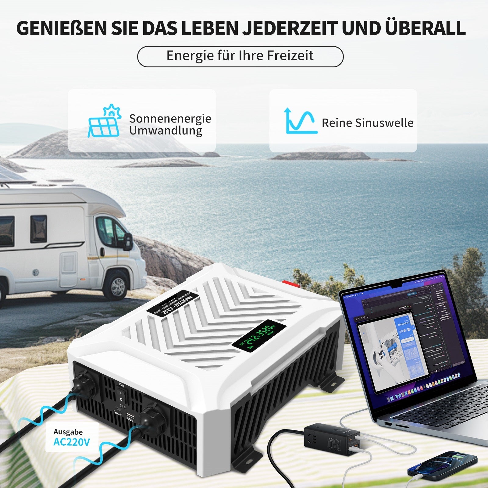 DATOUBOSS 3500W Pure Sine Wave Inverter, 24V to 230V AC Voltage Converter, Peak Power 7000W Peak Power, with Intelligent Detection System & LCD Display & 2 EU Socket - DATOUBOSS Rechargeable Lifepo4 Batteries Voltage Converters InverterSP-DT-PSWE3500W-24V-A-UA