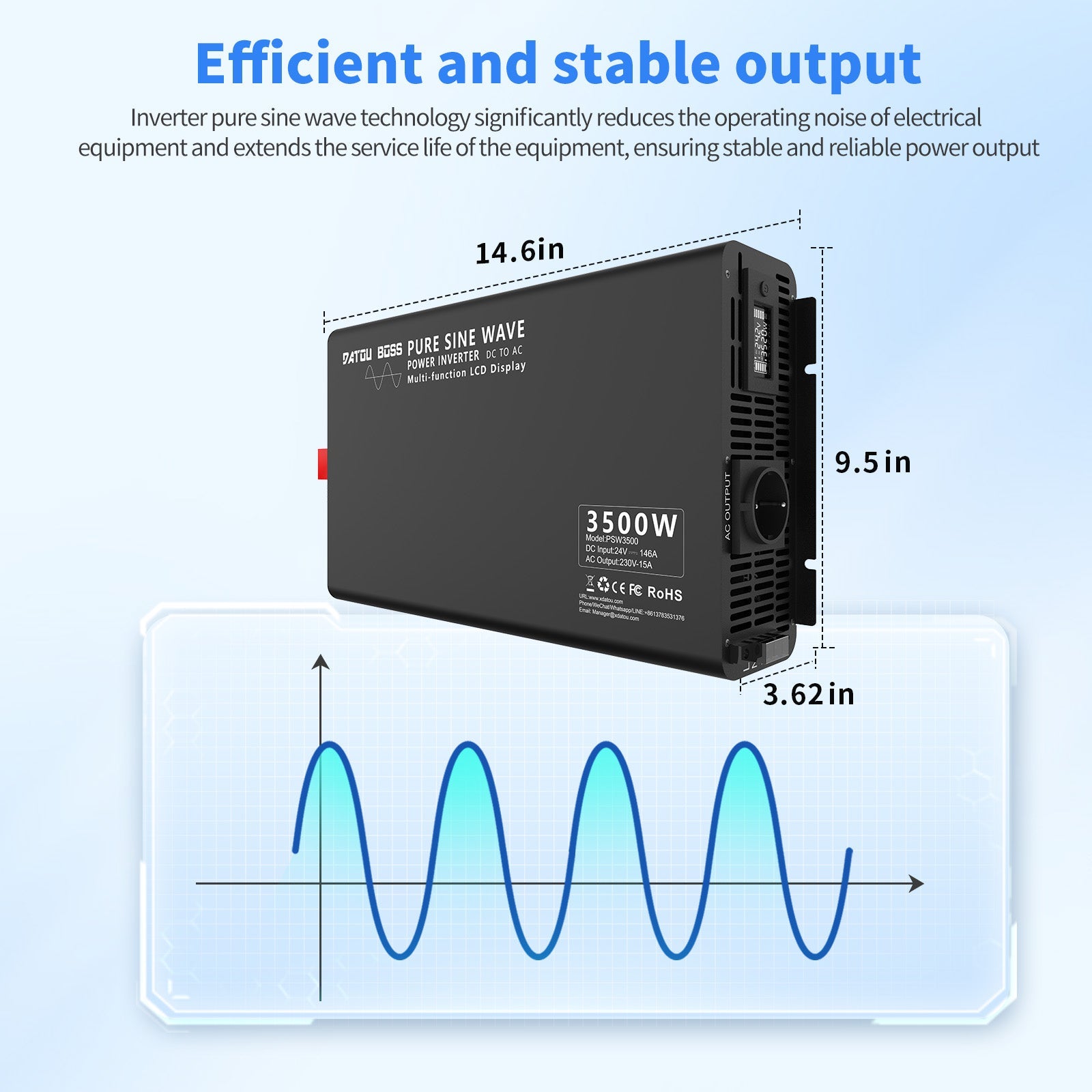DATOUBOSS 3500W Pure Sine Wave Inverter, 24V to 230V AC Voltage Converter, Peak Power 7000W with 1 EU Plug, LCD Display and Radio Remote Control for Trucks, Motorhomes, Home, Camping, Household - DATOUBOSS Rechargeable Lifepo4 Batteries Voltage Converters InverterSP-DT-DNB3500W-24V-A-EU