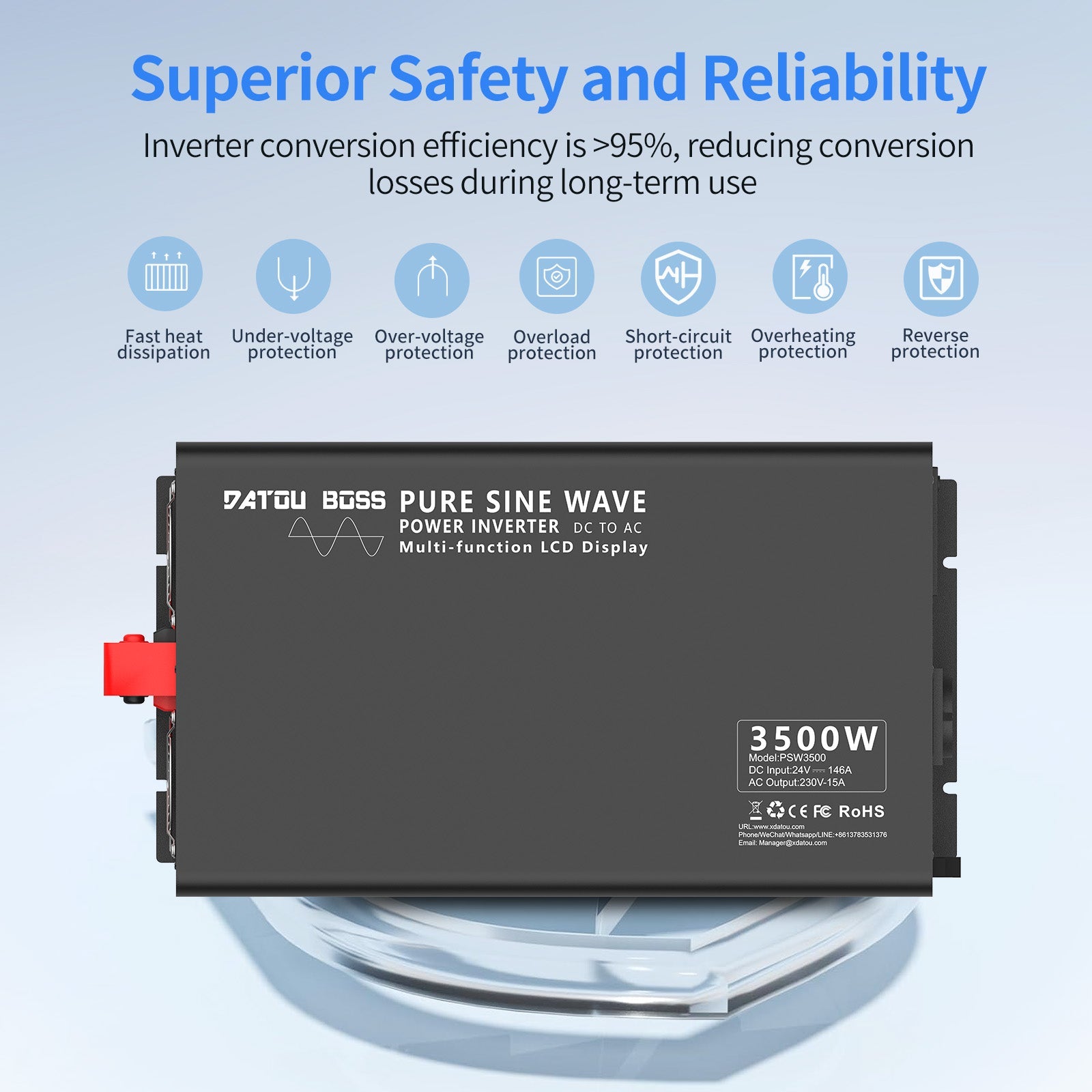 DATOUBOSS 3500W Pure Sine Wave Inverter, 24V to 230V AC Voltage Converter, Peak Power 7000W with 1 EU Plug, LCD Display and Radio Remote Control for Trucks, Motorhomes, Home, Camping, Household - DATOUBOSS Rechargeable Lifepo4 Batteries Voltage Converters InverterSP-DT-DNB3500W-24V-A-EU