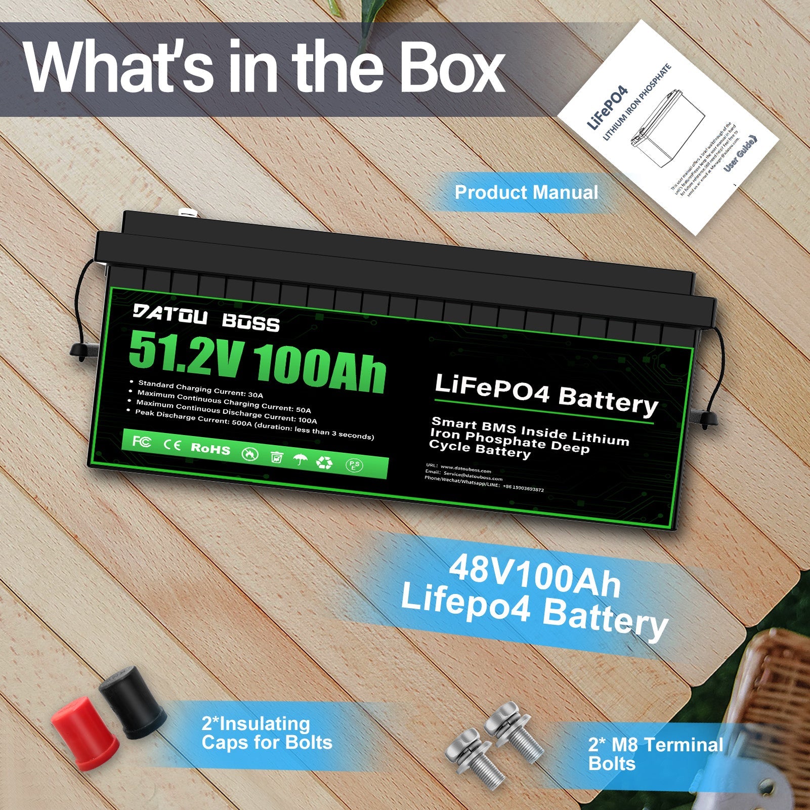 DATOUBOSS 48V 100Ah LiFePO4 Lithium Battery with 200A BMS – Deep Cycle Battery for Golf Cart, RV, Solar Home System & DIY Applications - DATOUBOSS Rechargeable Lifepo4 Batteries Voltage Converters InverterSP-DT-51.2V100A-B01-US