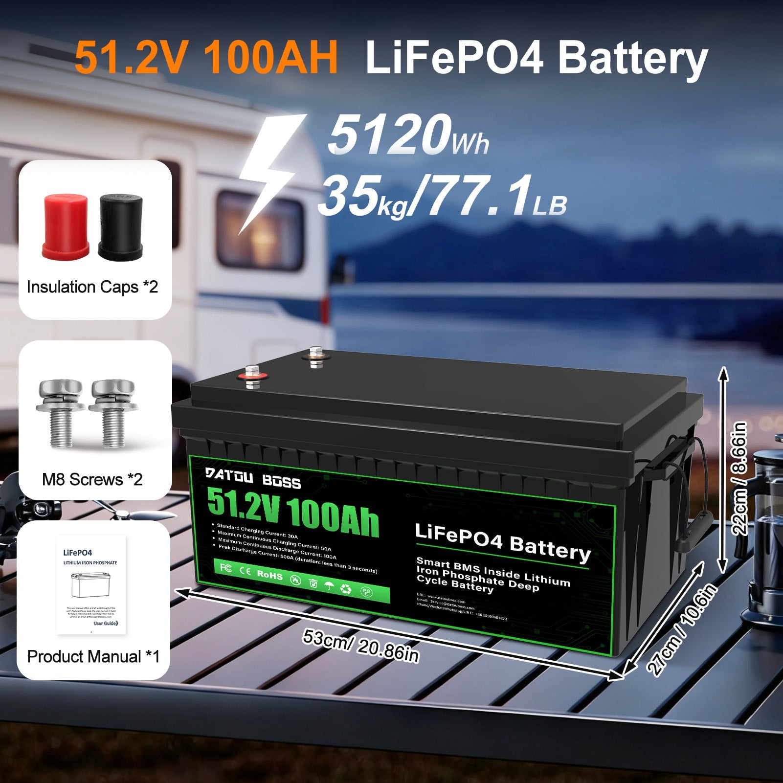 DATOUBOSS 48V 100Ah LiFePO4 Lithium Battery with 200A BMS – Deep Cycle Battery for Golf Cart, RV, Solar Home System & DIY Applications - DATOUBOSS Rechargeable Lifepo4 Batteries Voltage Converters InverterSP-DT-51.2V100A-B01-US