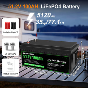DATOUBOSS 48V 100Ah LiFePO4 Lithium Battery with 200A BMS – Deep Cycle Battery for Golf Cart, RV, Solar Home System & DIY Applications - DATOUBOSS Rechargeable Lifepo4 Batteries Voltage Converters InverterSP-DT-51.2V100A-B01-US