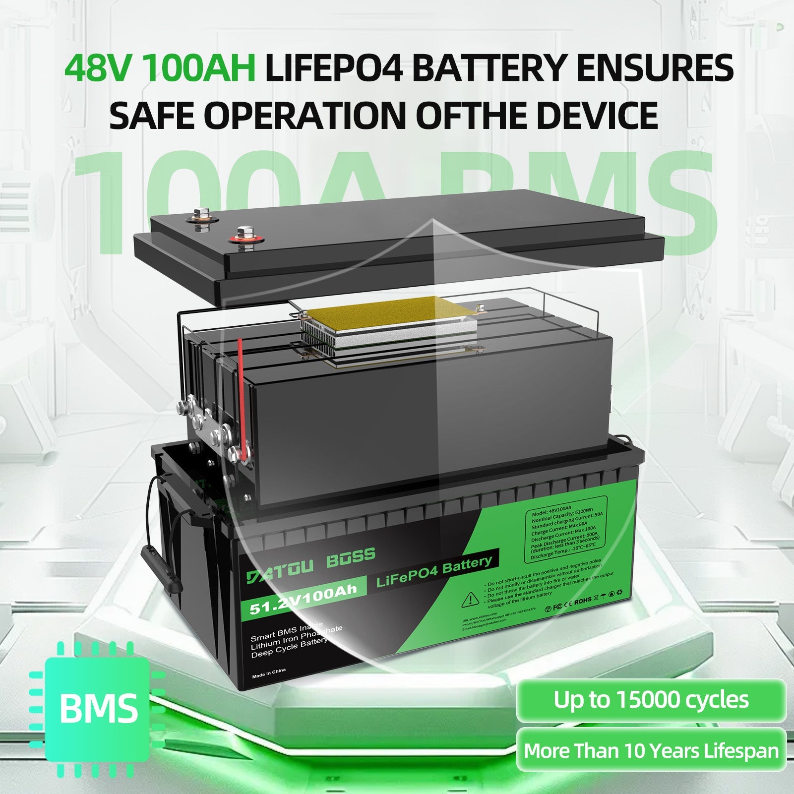 DATOUBOSS 48V 100Ah Lithium LiFePO4 Battery with 200A BMS Deep Cycle Battery for DIY RV Car Solar Home System - DATOUBOSS Rechargeable Lifepo4 Batteries Voltage Converters InverterSP-DT-48V100A-A01-UA