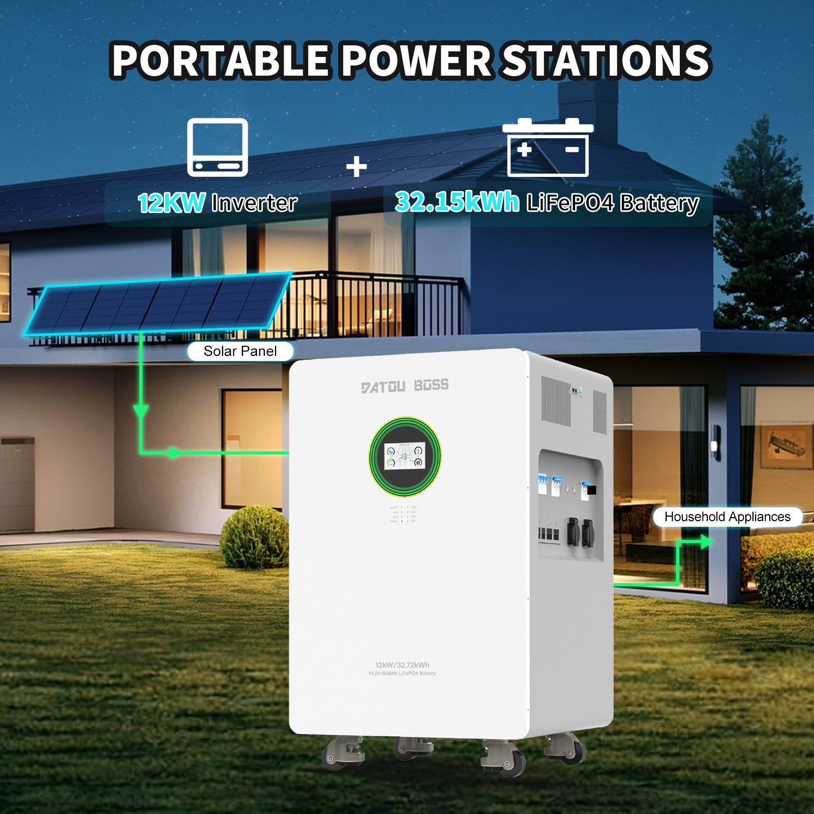 DATOUBOSS portable power station with 12kW inverter and 32.15kWh LiFePO4 battery for home backup