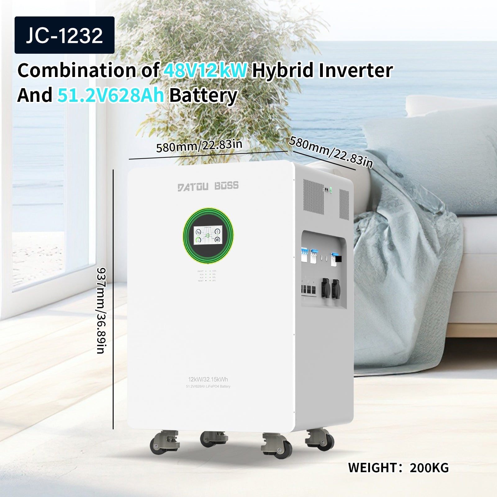 DATOUBOSS 32.15kWh energy storage dimensions, 937mm height with wheels for indoor deployment