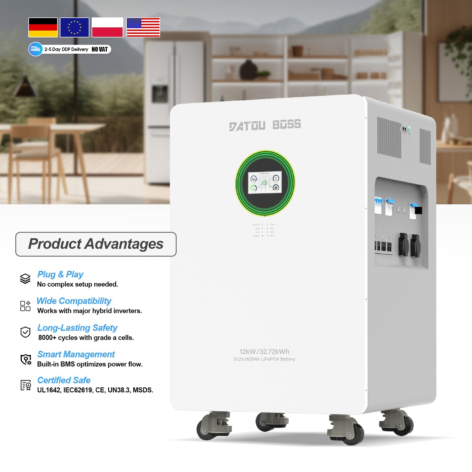 DATOUBOSS 12kW 32.72kWh energy storage, plug & play with UL/CE certification, 8000+ cycles