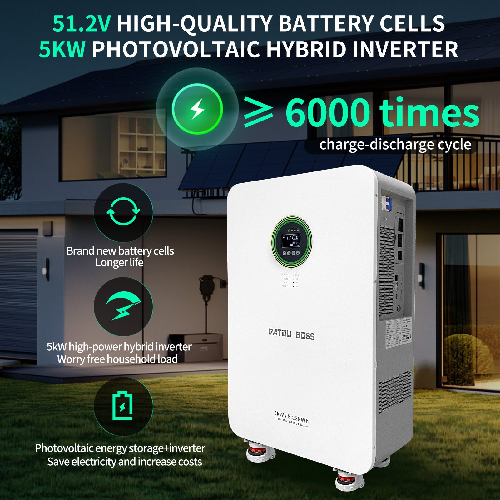 DATOUBOSS 48V 5000W Hybrid Inverter + 102Ah LiFePO4 Battery Portable Power Supply with LCD Touch Screen, Detachable, and Wheels, suitable for large - capacity solar energy storage systems/RVs/home energy storage systems - DATOUBOSS Rechargeable Lifepo4 Batteries Voltage Converters InverterSP-DT-5052-A-EU