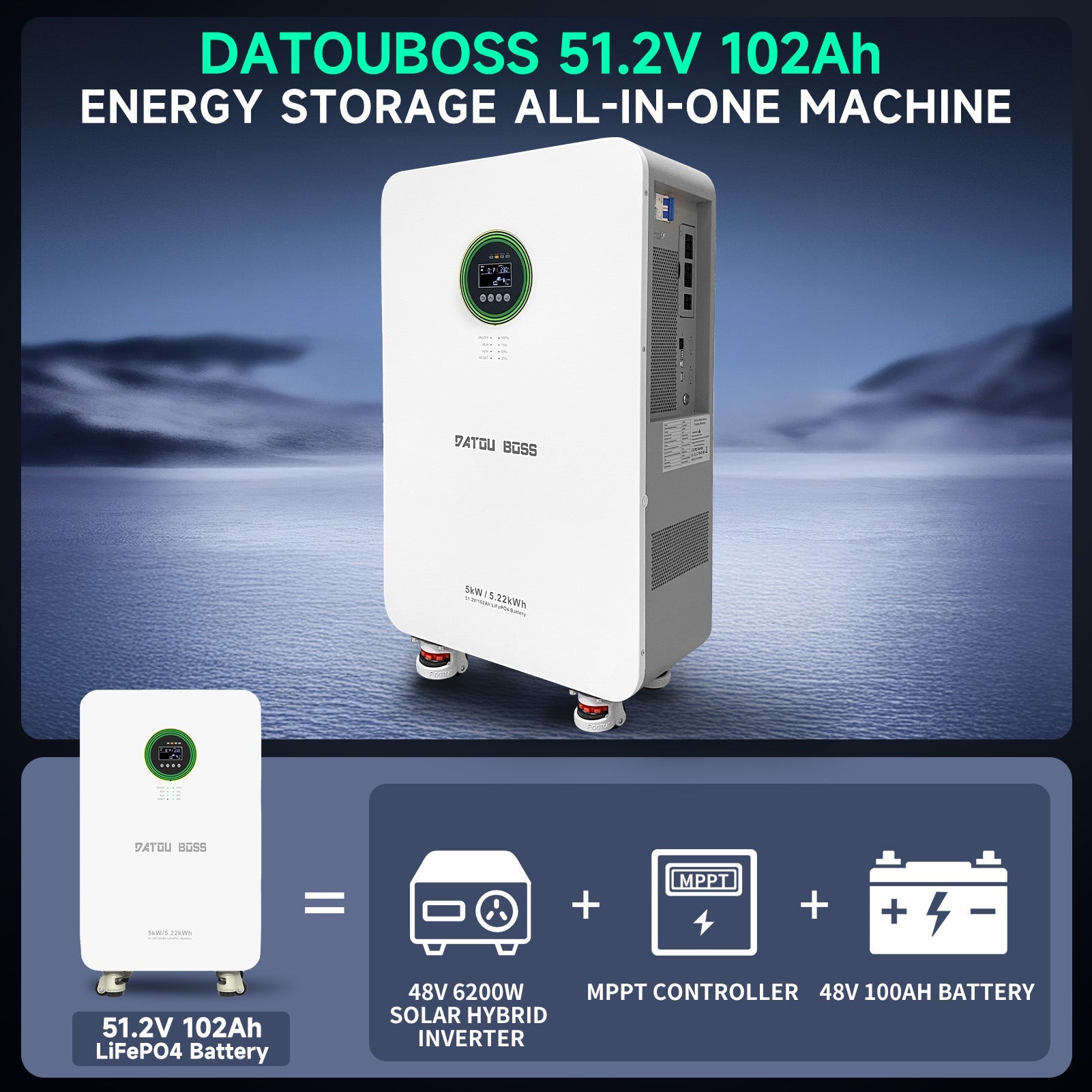 DATOUBOSS 48V 5000W Hybrid Inverter + 102Ah LiFePO4 Battery Portable Power Supply with LCD Touch Screen, Detachable, and Wheels, suitable for large - capacity solar energy storage systems/RVs/home energy storage systems - DATOUBOSS Rechargeable Lifepo4 Batteries Voltage Converters InverterSP-DT-5052-A-EU