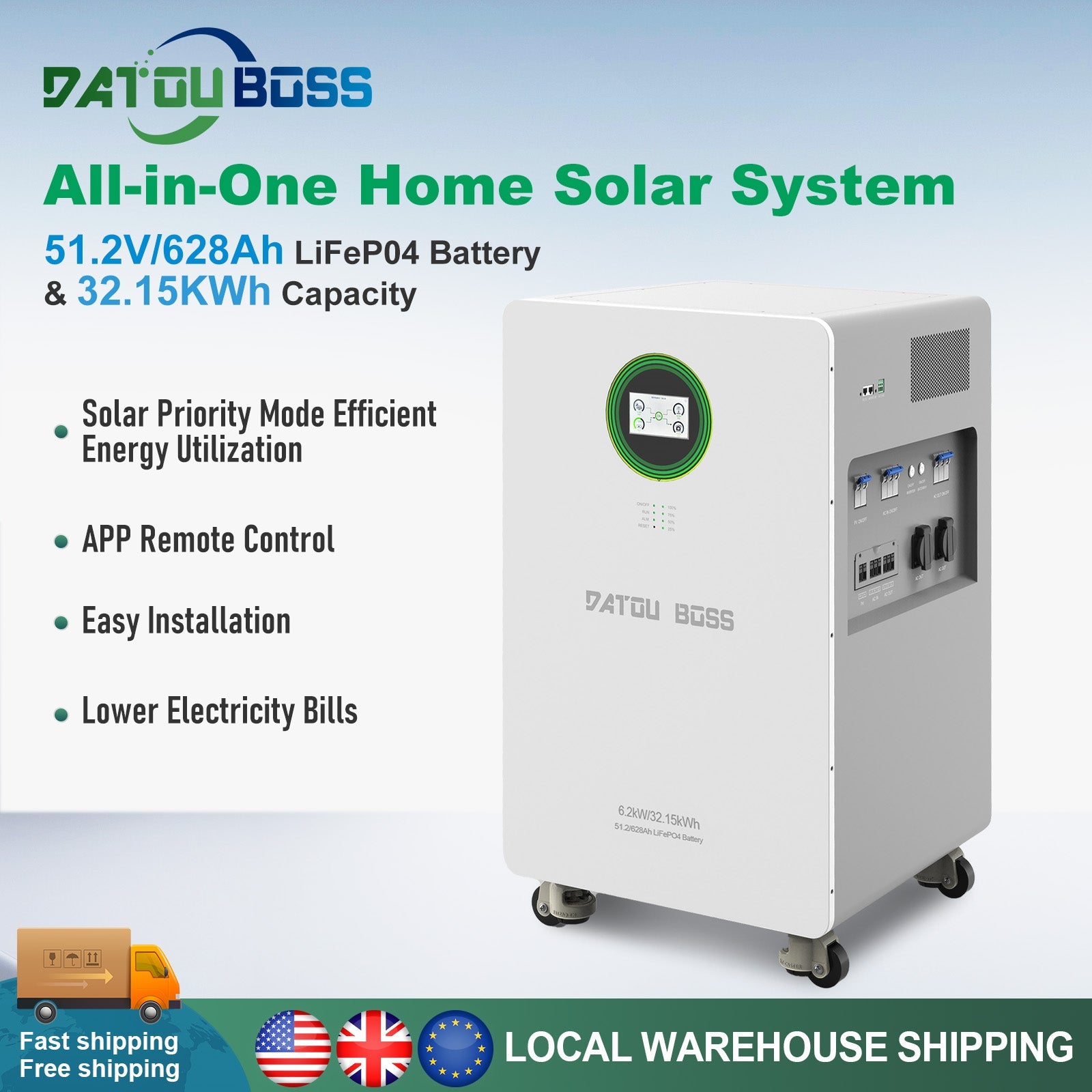 DATOUBOSS 48V 6200W Hybrid Inverter + 628Ah LiFePO4 Battery Portable Power Supply with LCD Touch Screen, Detachable, and Wheels, suitable for large - capacity solar energy storage systems/RVs/home energy storage systems - DATOUBOSS Rechargeable Lifepo4 Batteries Voltage Converters InverterSP-DT-JC-6232-A-EU