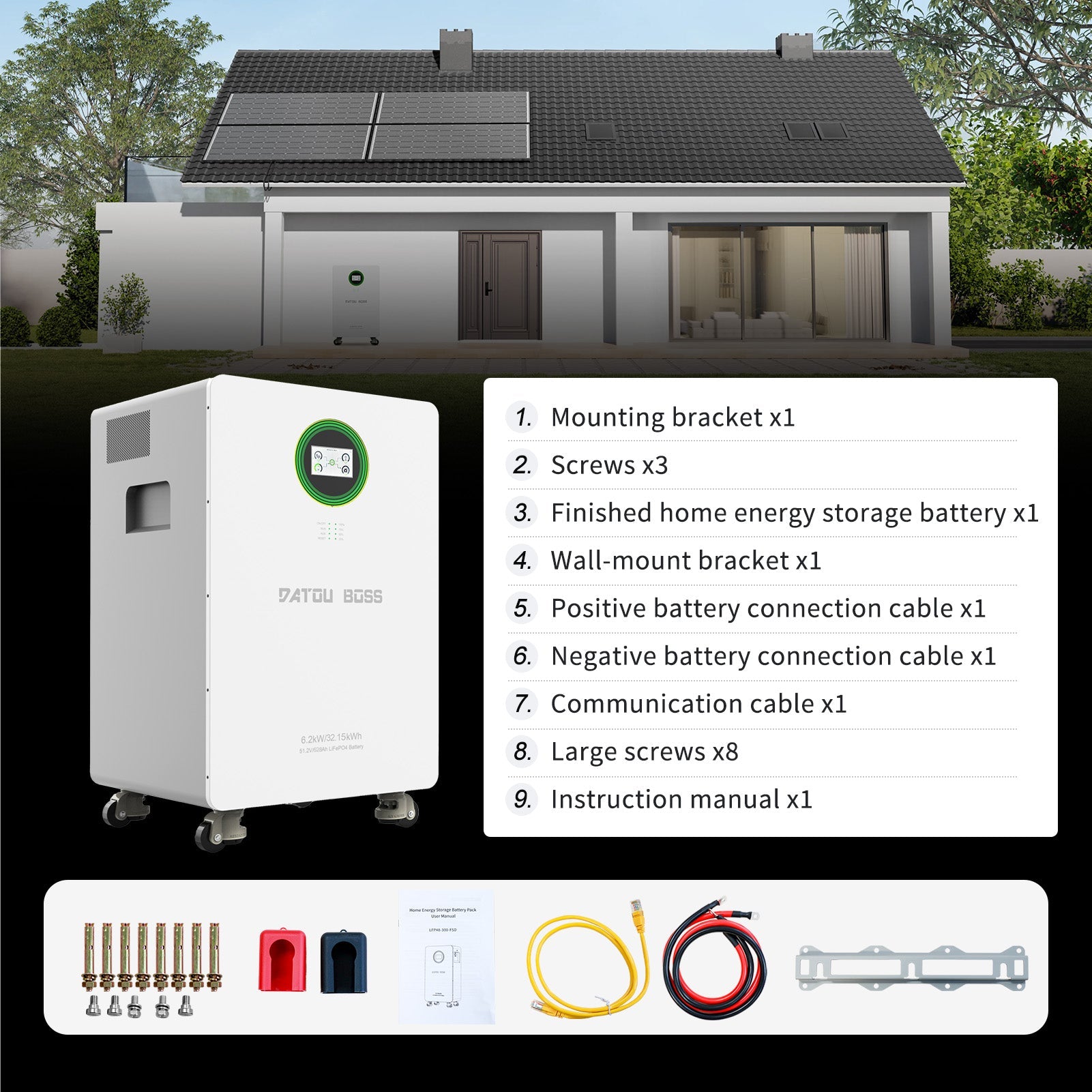 DATOUBOSS 48V 6200W Hybrid Inverter + 628Ah LiFePO4 Battery Portable Power Supply with LCD Touch Screen, Detachable, and Wheels, suitable for large - capacity solar energy storage systems/RVs/home energy storage systems - DATOUBOSS Rechargeable Lifepo4 Batteries Voltage Converters InverterSP-DT-JC-6232-A-EU