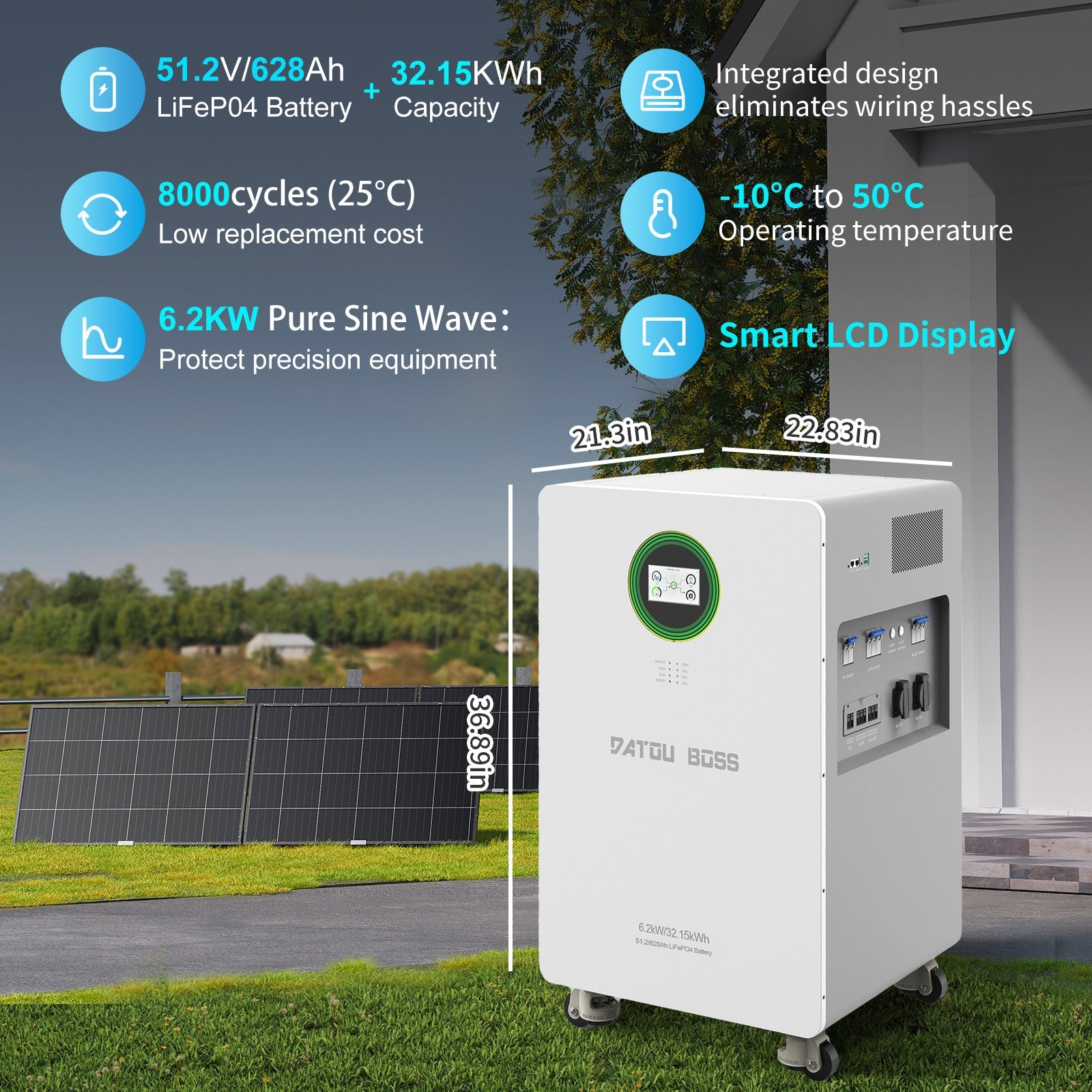 DATOUBOSS 48V 6200W Hybrid Inverter + 628Ah LiFePO4 Battery Portable Power Supply with LCD Touch Screen, Detachable, and Wheels, suitable for large - capacity solar energy storage systems/RVs/home energy storage systems - DATOUBOSS Rechargeable Lifepo4 Batteries Voltage Converters InverterSP-DT-JC-6232-A-EU