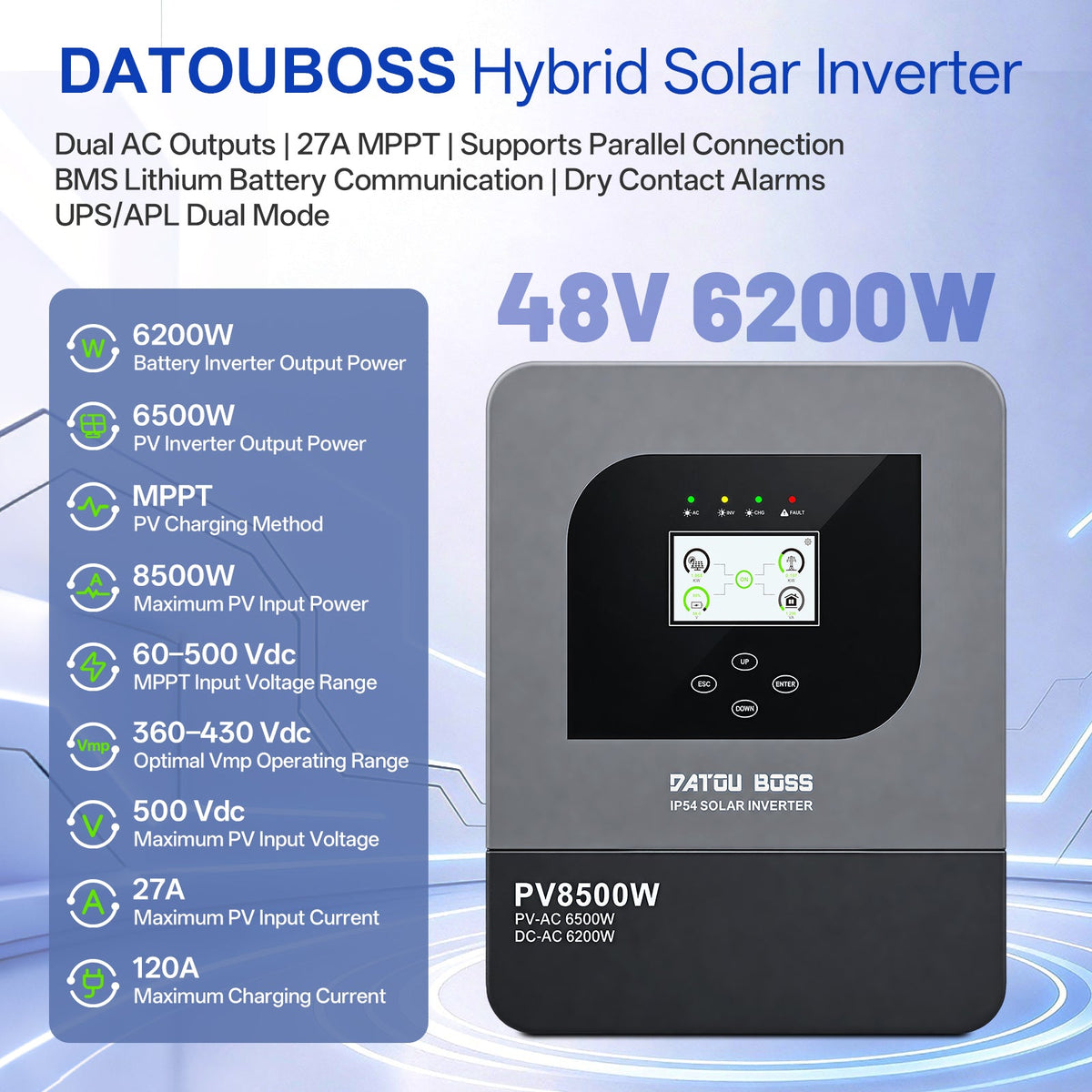 DATOUBOSS 48V 6200W Solar Hybrid Inverter, 230V AC Output, IP54 Dust and Water Protection, 120A MPPT, 8500W Maximum PV Input, Battery-Free Operation, BMS Protection, Compatible with WiFi 04 - DATOUBOSSSP-DT-4862FL-01-EU