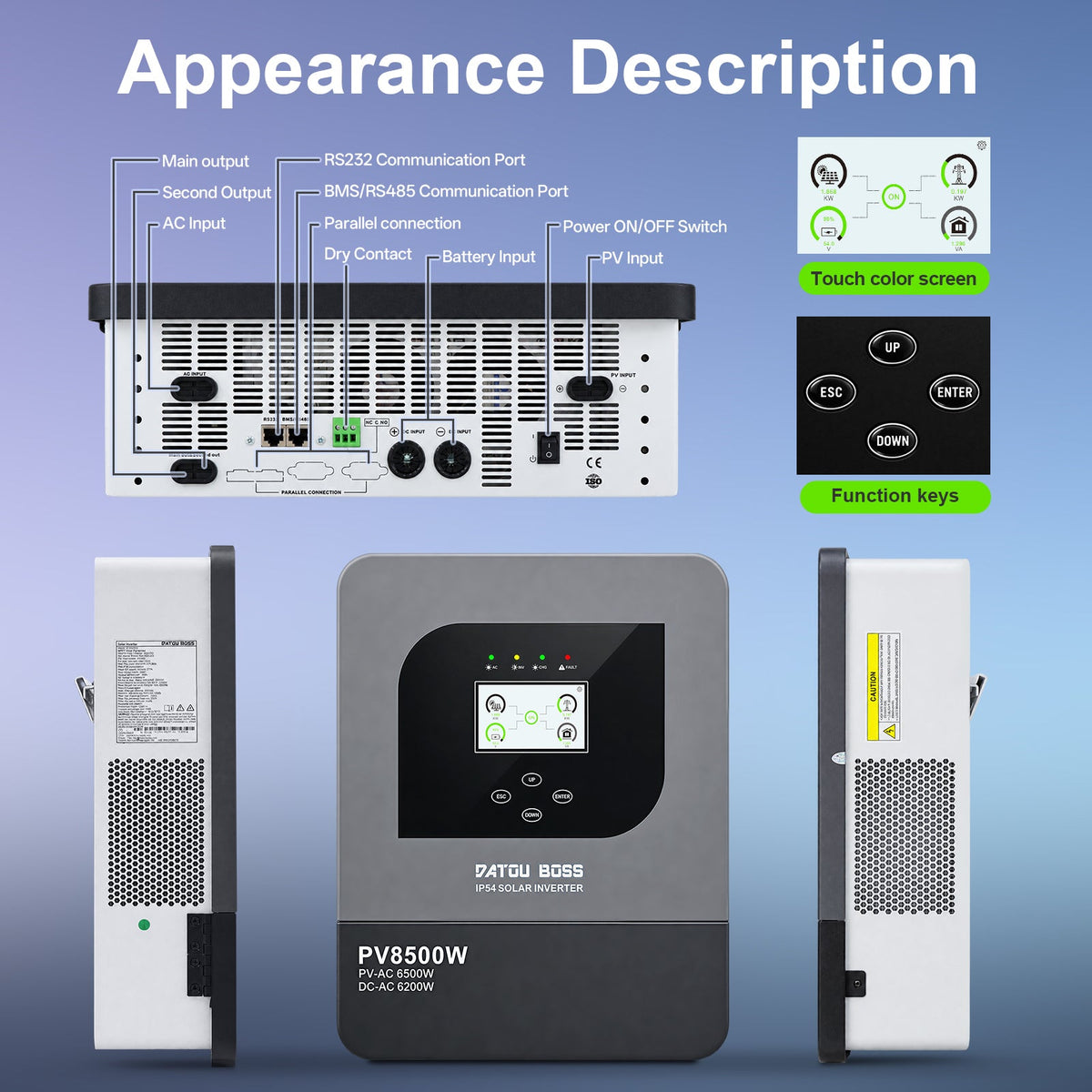 DATOUBOSS 48V 6200W Solar Hybrid Inverter, 230V AC Output, IP54 Dust and Water Protection, 120A MPPT, 8500W Maximum PV Input, Battery-Free Operation, BMS Protection, Compatible with WiFi 04 - DATOUBOSSSP-DT-4862FL-01-EU