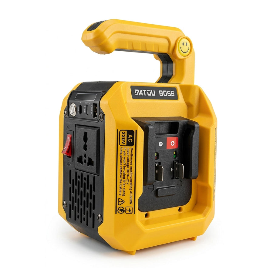 DATOUBOSS 500W Portable Power, Dual Battery Slots, 8–15H Runtime, Compatible with DeWalt & Milwaukee Batteries, Supports 10,000mAh+ Lithium Batteries, Dual 18W USB-C, USB Output,  Universal AC Outlet, 500lm LED Floodlight for Camping & Backup Power