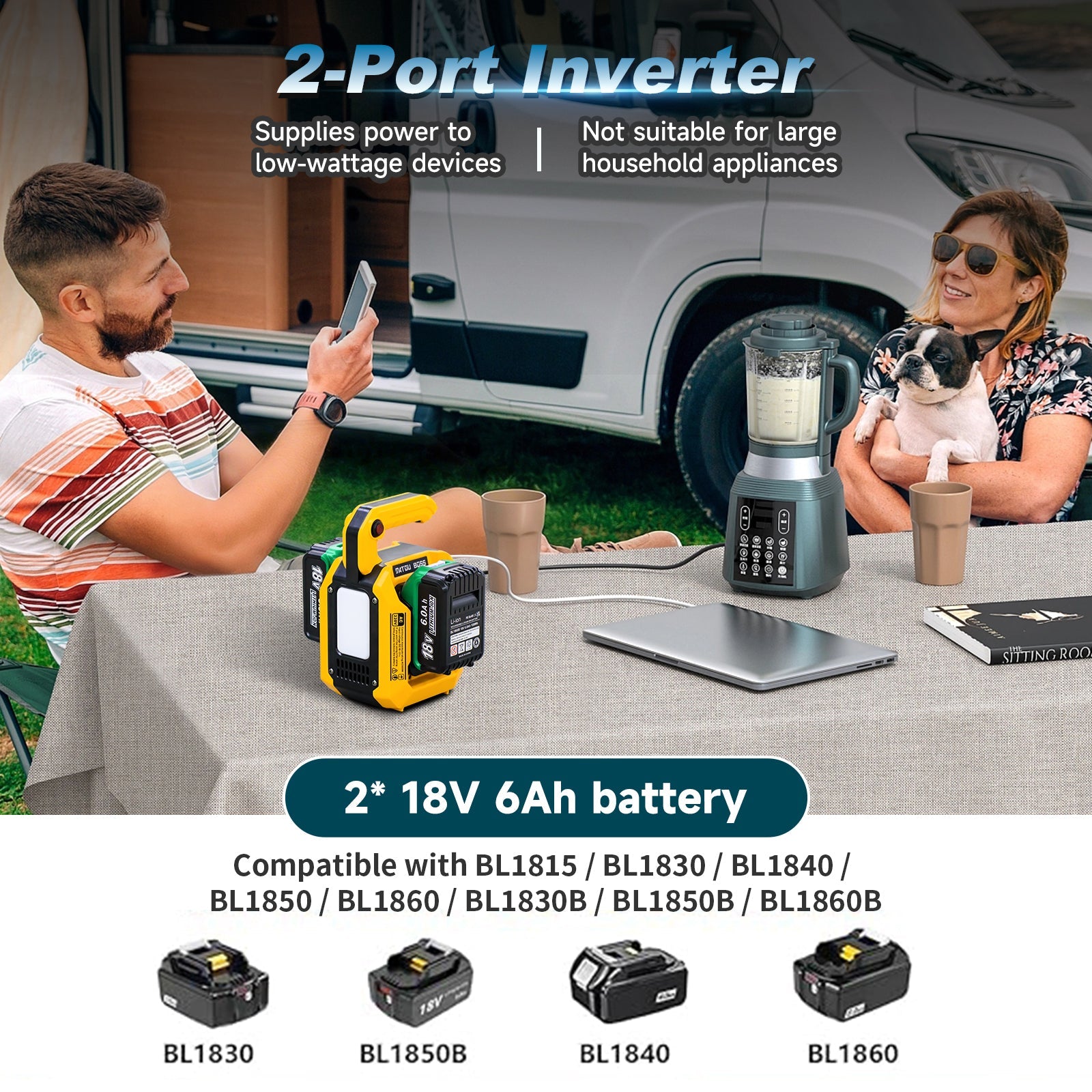 DATOUBOSS 500W Portable Power Inverter, Dual Battery Slots, 8–15H Runtime, Compatible with DeWalt & Milwaukee Batteries, Supports 10,000mAh+ Lithium Batteries, Dual 18W USB-C, USB Output, 500lm LED Floodlight for Camping & Backup Power - DATOUBOSS Rechargeable Lifepo4 Batteries Voltage Converters InverterSP-B25-DT-DAC500W-B-EU